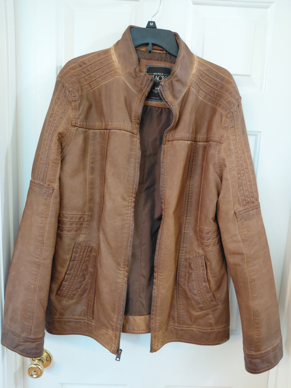 Buckle Men's Tan Brown Leather Bomber Jacket